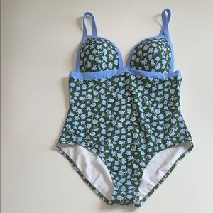 Boden Retro-style Green Floral One-Piece Swimsuit w /Light Blue Trim Adjustable